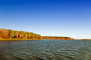 Image showing The autumn wood on the bank of the big beautiful lake