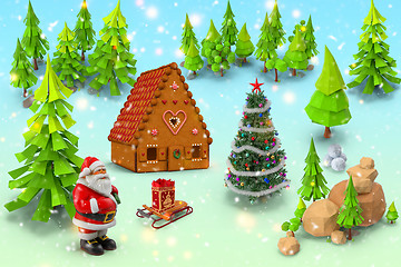 Image showing Santa Claus with gifts in the forest. 3D rendering.