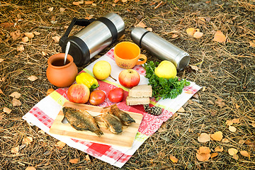 Image showing Coffee and food for a picnic in the woods