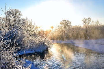 Image showing Winter sunny landscape with river and forest