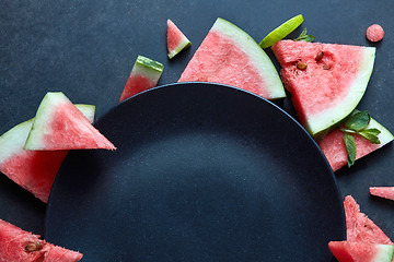 Image showing slices of watermelon placed near the plate black