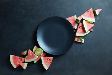 Image showing black plate and slices of fresh watermelon