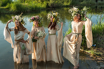 Image showing Beautiful women with flower wreath in water