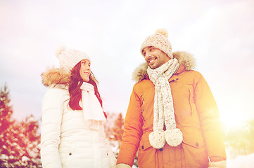 Image showing happy couple walking over winter background