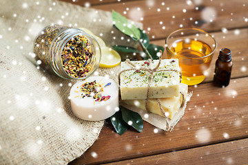 Image showing close up of handmade soap bars on wood