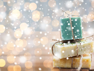 Image showing close up of handmade soap bars on wood