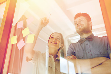 Image showing happy creative team writing on blank office glass