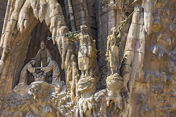 Image showing Details of facade of Basilica Sagrada Familia in Barcelona