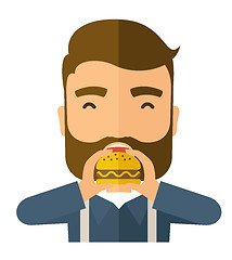 Image showing Man happy eating hamburger.