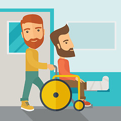 Image showing Man pushing the wheelchair with broken leg patient.