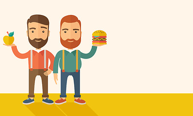 Image showing Two businessmen comparing apple to hamburger.