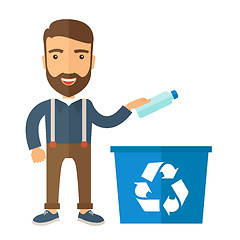 Image showing Man throwing plastic container into recycle can