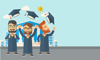 Image showing Three men throwing graduation cap.