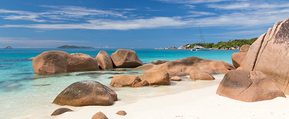 Image showing Anse Lazio, picture perfect tropical beach on Praslin Island, Seychelles.