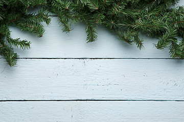 Image showing Spruce branches on light wooden board background with copy space