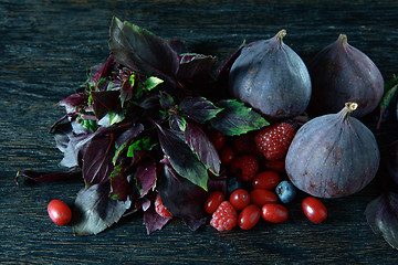 Image showing berries bunch, basil and figs