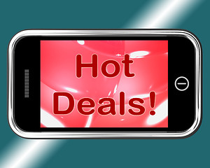 Image showing Hot Deals Mobile Message Represents Discounts Online