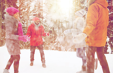 Image showing happy friends playing with snow in winter forest