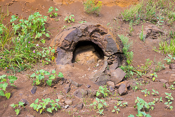 Image showing Broken stone formation resembling a dinosaur egg with prodellanym hole found near the village of Wet Olhovka Kotovo District, Volgograd Region, Russia