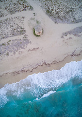 Image showing Drone view of Old windmill ai Gyra beach, Lefkada 
