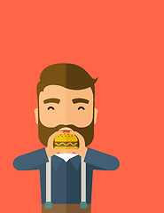 Image showing Man happy eating hamburger.