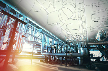 Image showing Sketch of piping design mixed with industrial equipment photos