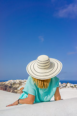 Image showing Young woman on holidays, Santorini Oia town 