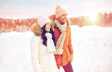 Image showing happy couple walking over winter background