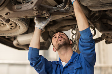 Image showing mechanic man or smith repairing car at workshop