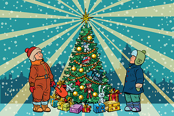 Image showing Children stand near the Christmas tree, retro background
