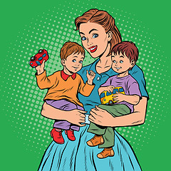 Image showing Young retro mom with two children boys