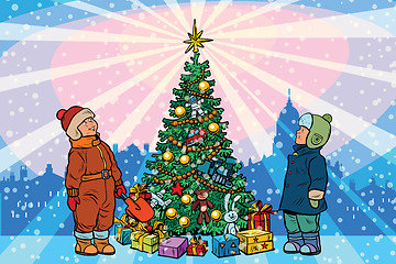 Image showing Children stand near the Christmas tree, holiday background