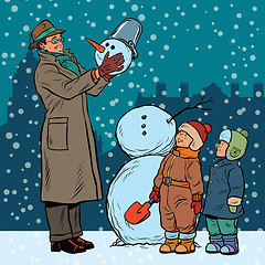 Image showing Children and male mold snowman