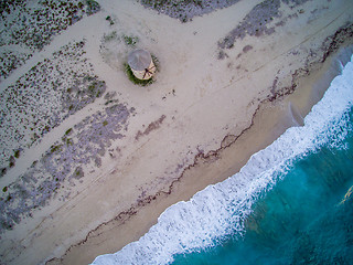 Image showing Drone view of Old windmill ai Gyra beach, Lefkada 