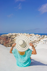 Image showing Young woman on holidays, Santorini Oia town 