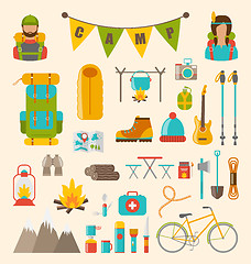 Image showing Collection of Camping and Hiking Equipment, Colorful Symbols and Icons Isolated