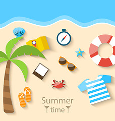 Image showing Summer Time Background with Flat Set Colorful Simple Icons on th