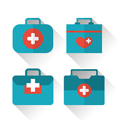 Image showing Set icons of medicine chest with long shadow in flat style