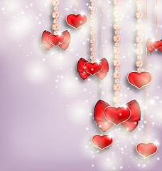 Image showing Glowing background with hanging hearts for Valentine Day, copy s