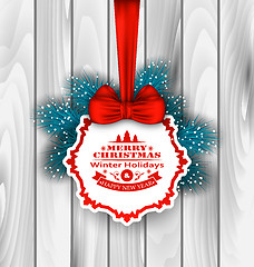 Image showing Winter Label Wishes Card with Red Bow Ribbon