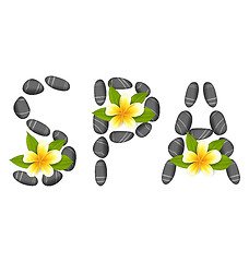 Image showing Lettering Spa Made of Pebbles and Frangipani Flowers, Isolated o