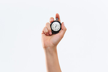 Image showing hand holding a stopwatch against a white background