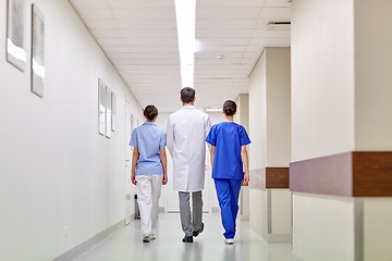 Image showing group of medics or doctors walking along hospital