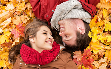 Image showing close up of smiling couple lying on autumn leaves