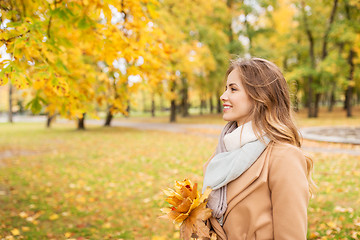 Image showing beautiful woman with maple leaves in autumn park