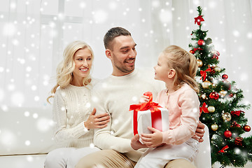 Image showing happy family at home with christmas gift