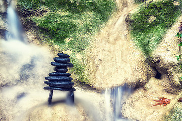 Image showing Rock Zen Stack in front of waterfall.