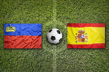 Image showing Liechtenstein vs. Spain flags on soccer field