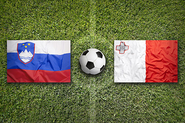 Image showing Slovenia vs. Malta flags on soccer field