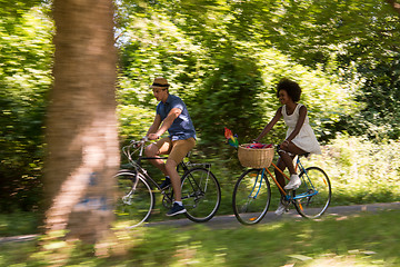 Image showing Young multiethnic couple having a bike ride in nature